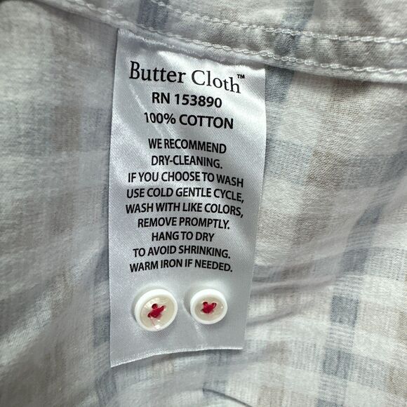 Butter Cloth Shirt Mens Large Blue Check‎ Contrasting Flip Cuff Lightweight - Picture 6 of 13